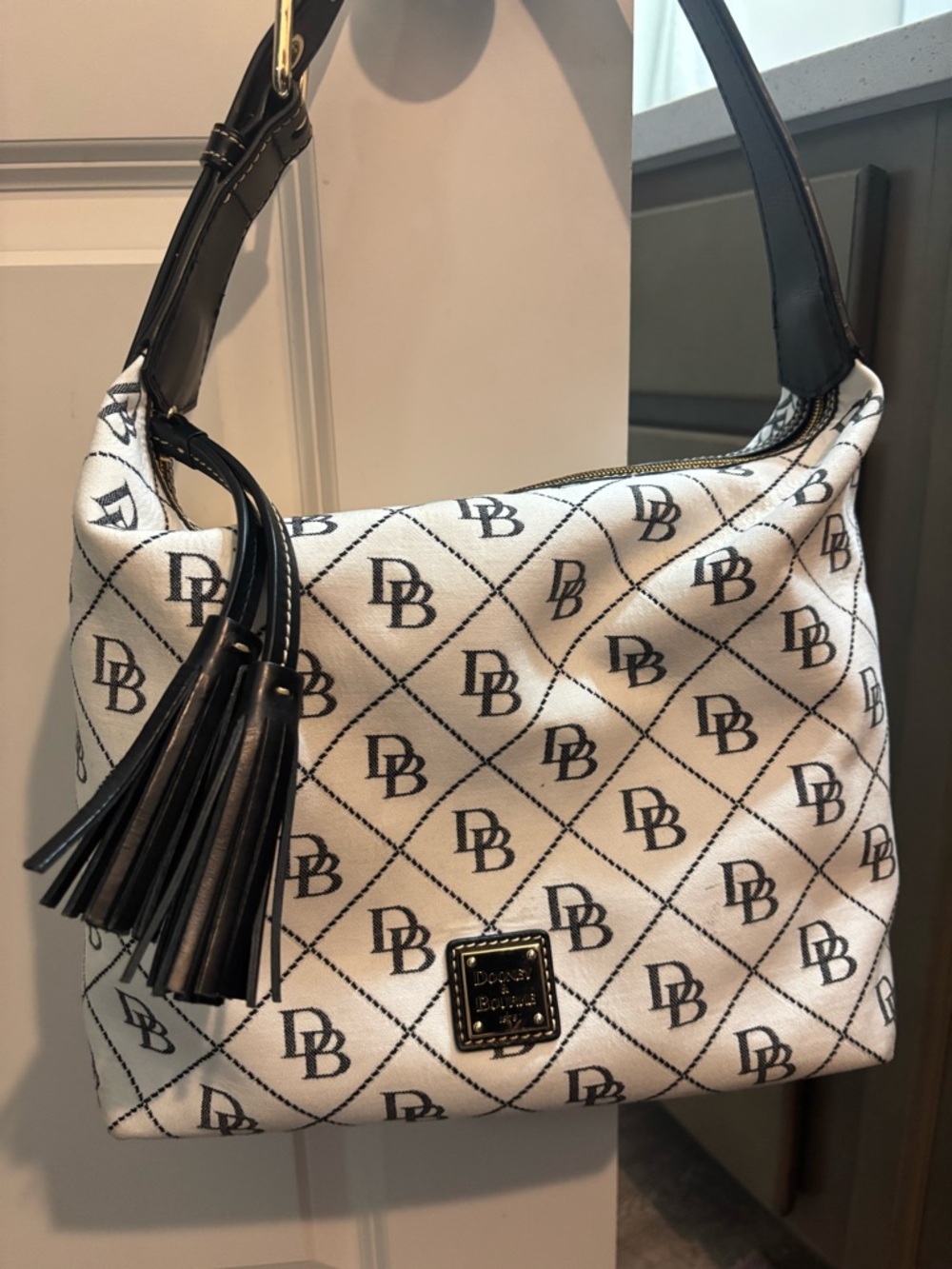 Dooney & Bourke White Monogram Shoulder Bag with Black Trim